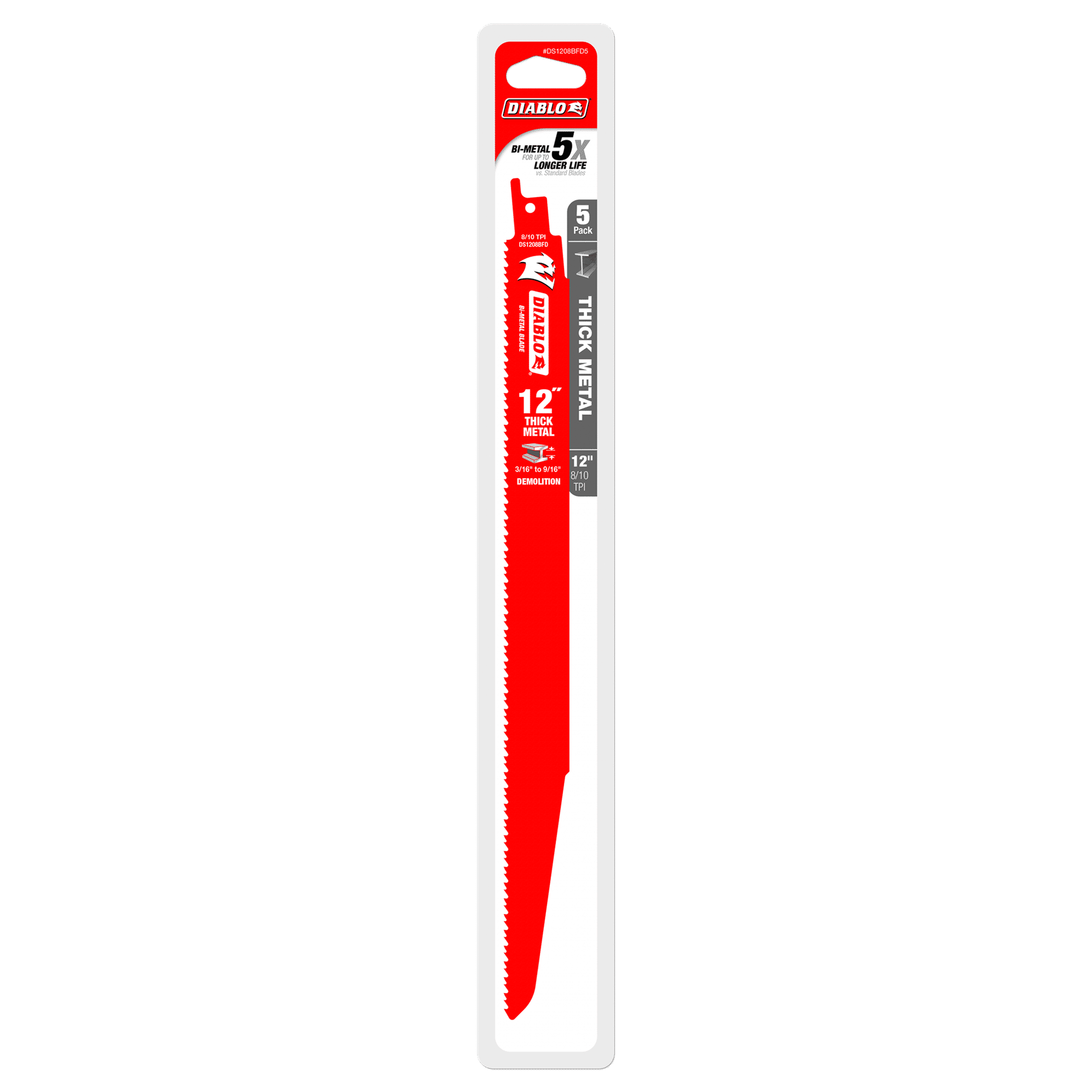 The Diablo DS1208BFD5 12-inch Bi-Metal Reciprocating Saw Blade, ideal for cutting thick metal (3/16 to 9/16) and demolition, features an ultra-hardened edge lasting five times longer than standard blades. Its vibrant red color and clear branding ensure it stands out.